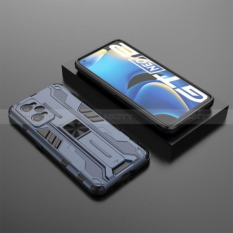 Custodia Silicone e Plastica Opaca Cover con Magnetico Supporto KC2 per Realme GT Neo 3T 5G Blu