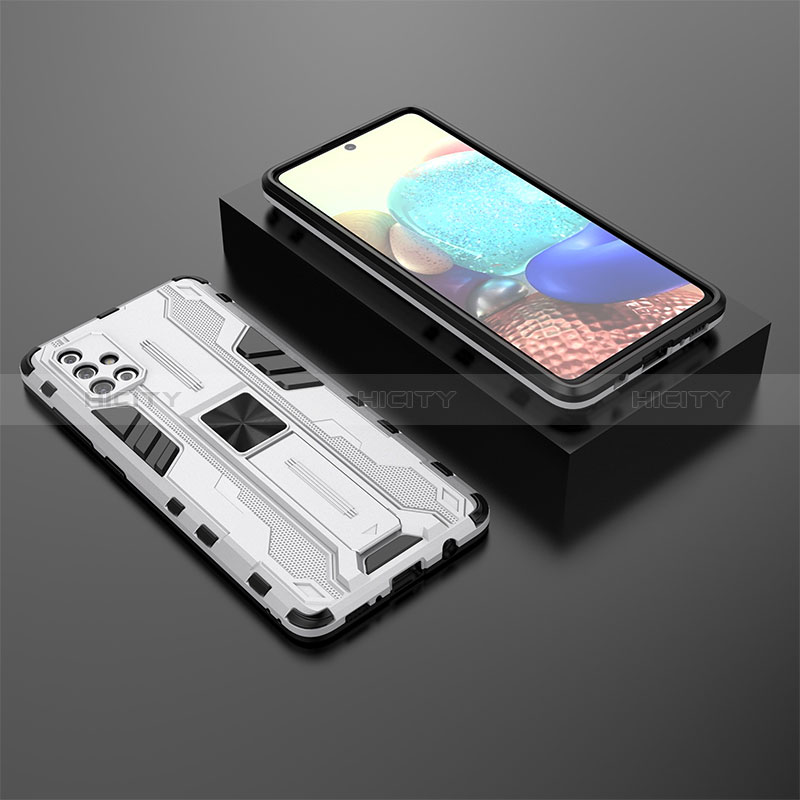 Custodia Silicone e Plastica Opaca Cover con Magnetico Supporto KC2 per Samsung Galaxy A71 4G A715 Bianco
