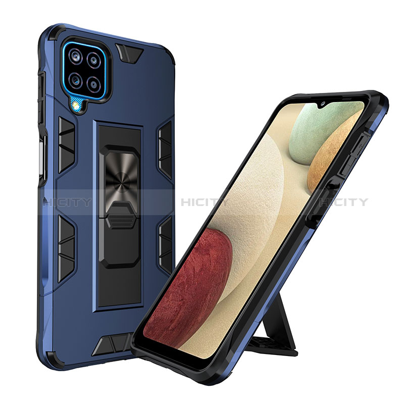 Custodia Silicone e Plastica Opaca Cover con Magnetico Supporto MQ1 per Samsung Galaxy A12 Nacho Blu