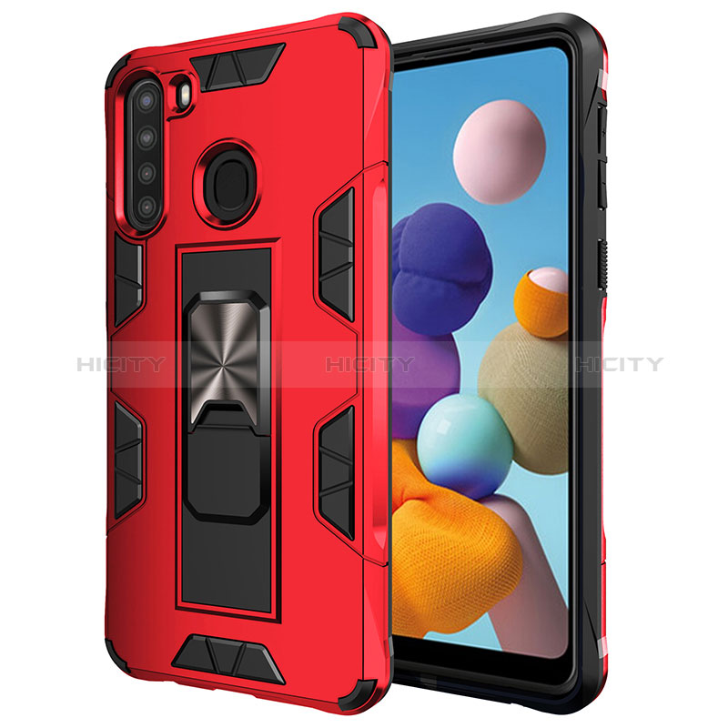 Custodia Silicone e Plastica Opaca Cover con Magnetico Supporto MQ1 per Samsung Galaxy A21 Rosso