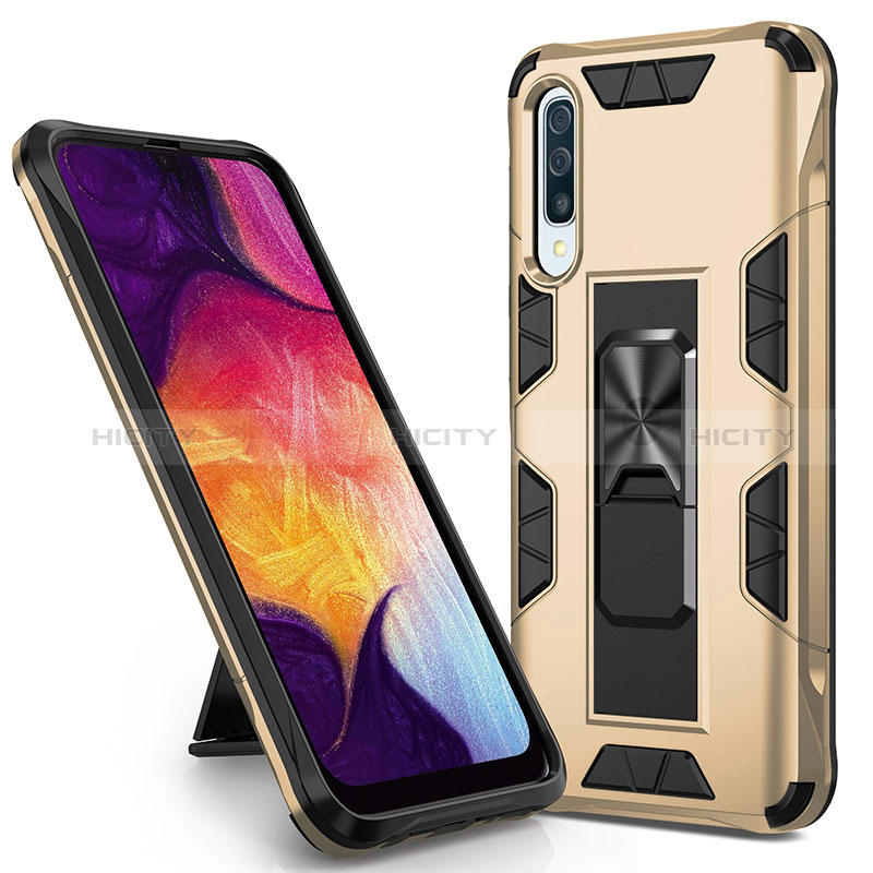 Custodia Silicone e Plastica Opaca Cover con Magnetico Supporto MQ1 per Samsung Galaxy A30S Oro