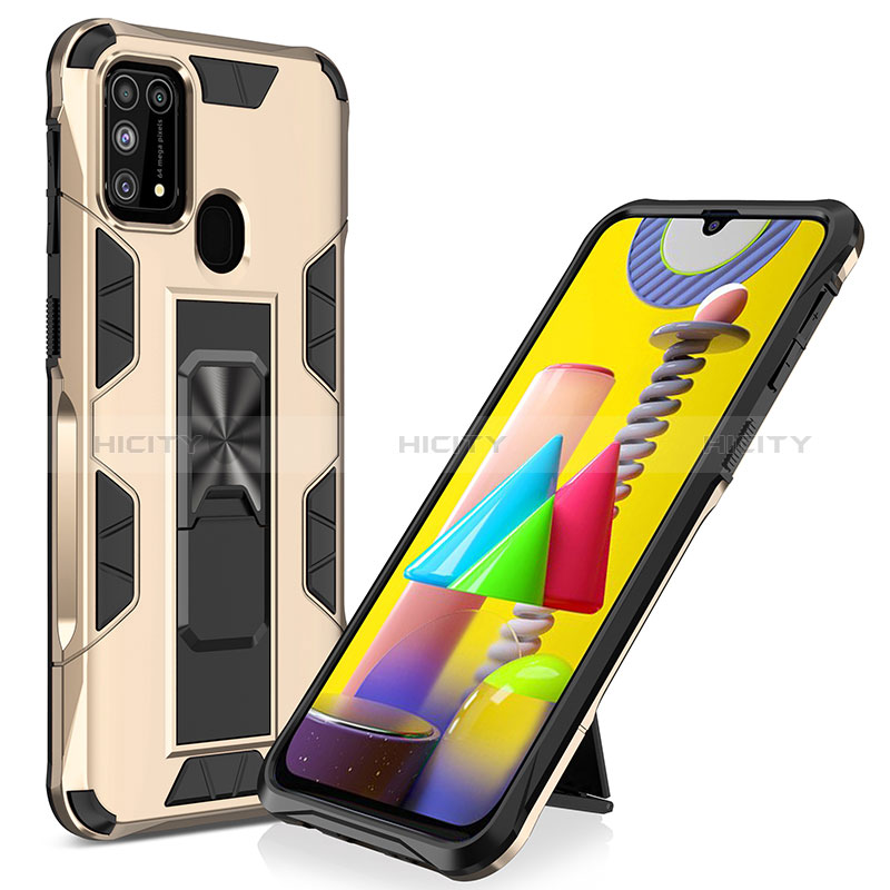 Custodia Silicone e Plastica Opaca Cover con Magnetico Supporto MQ1 per Samsung Galaxy M21s Oro