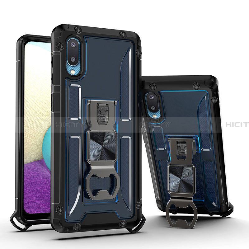 Custodia Silicone e Plastica Opaca Cover con Magnetico Supporto QW1 per Samsung Galaxy A02 Blu
