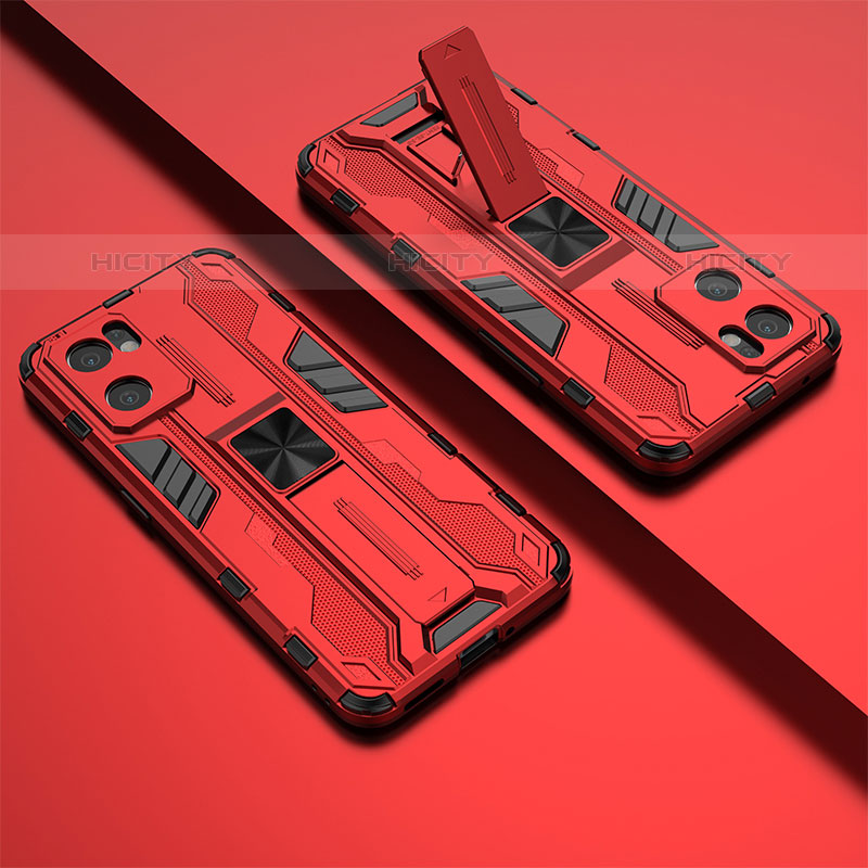 Custodia Silicone e Plastica Opaca Cover con Magnetico Supporto T02 per Oppo Reno7 SE 5G Rosso