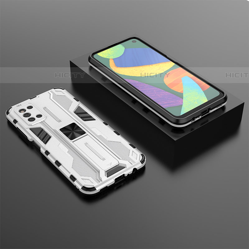 Custodia Silicone e Plastica Opaca Cover con Magnetico Supporto T02 per Samsung Galaxy F52 5G Bianco