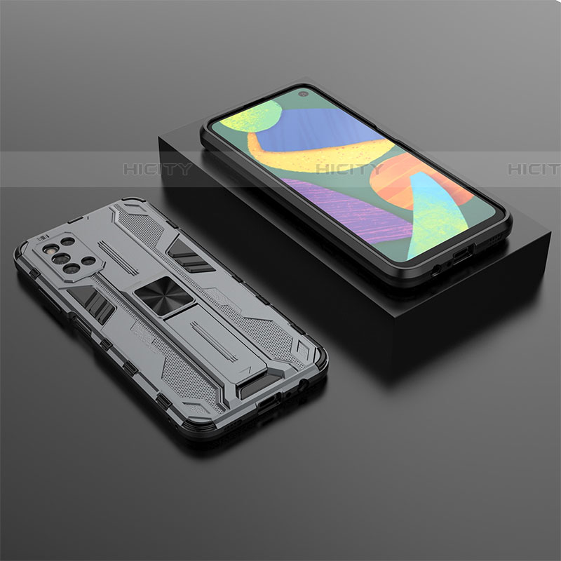 Custodia Silicone e Plastica Opaca Cover con Magnetico Supporto T02 per Samsung Galaxy F52 5G Grigio