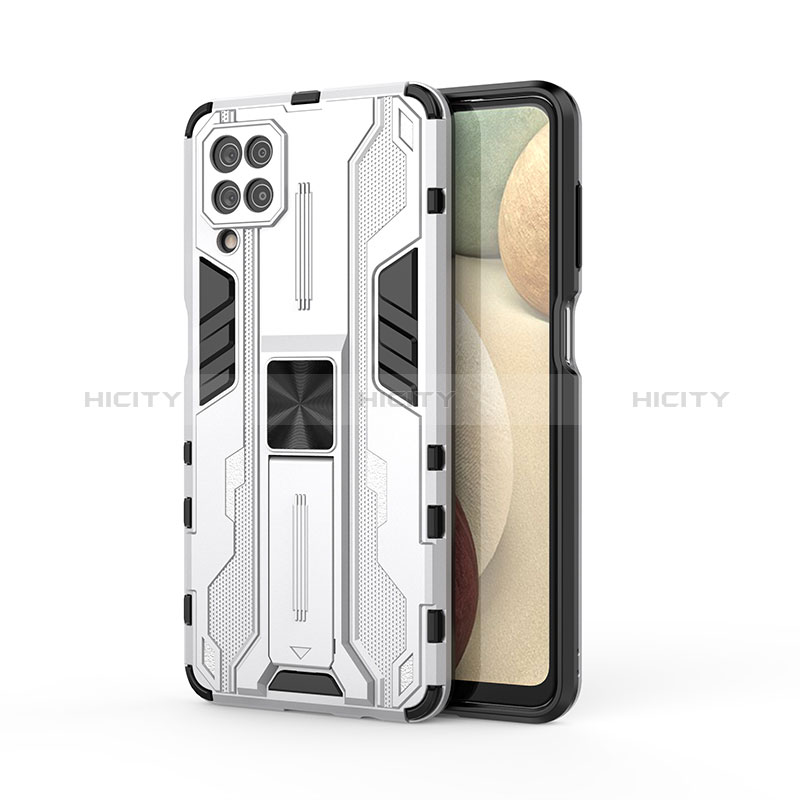 Custodia Silicone e Plastica Opaca Cover con Magnetico Supporto T04 per Samsung Galaxy M12 Bianco
