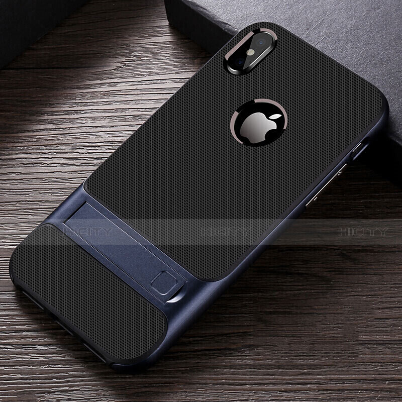 Custodia Silicone e Plastica Opaca Cover con Supporto A01 per Apple iPhone X Blu