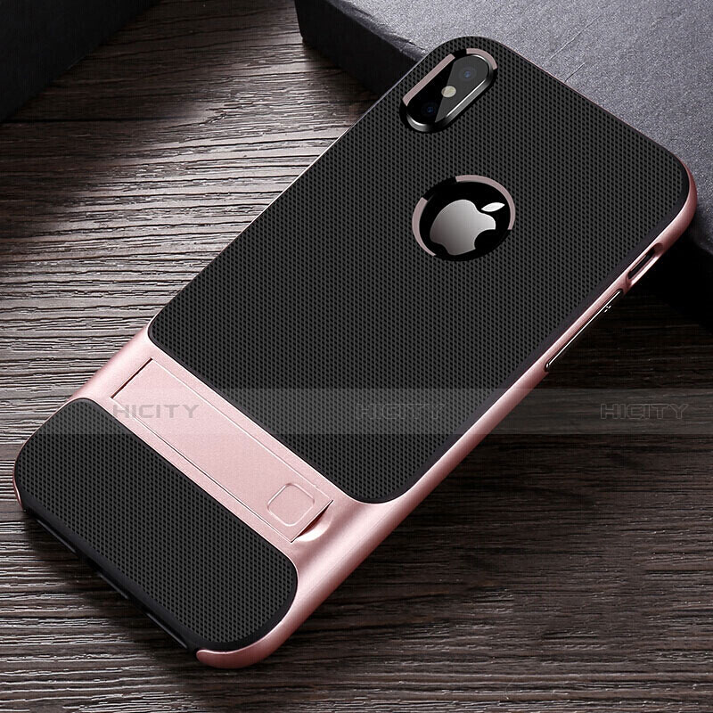 Custodia Silicone e Plastica Opaca Cover con Supporto A01 per Apple iPhone X Oro Rosa