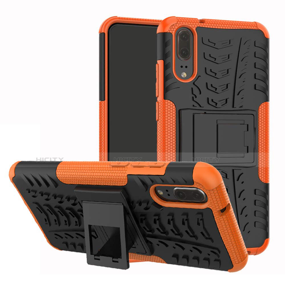 Custodia Silicone e Plastica Opaca Cover con Supporto A01 per Huawei P20 Arancione