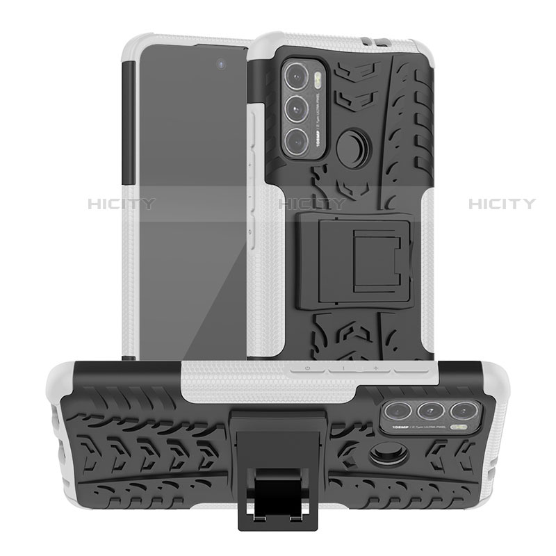 Custodia Silicone e Plastica Opaca Cover con Supporto A01 per Motorola Moto G60 Bianco