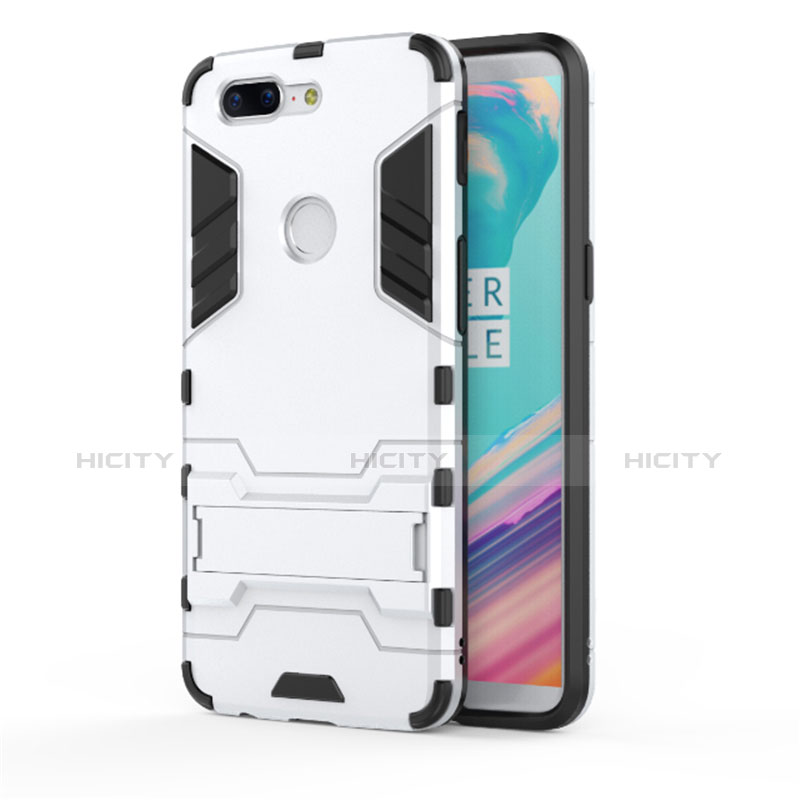 Custodia Silicone e Plastica Opaca Cover con Supporto A01 per OnePlus 5T A5010 Bianco