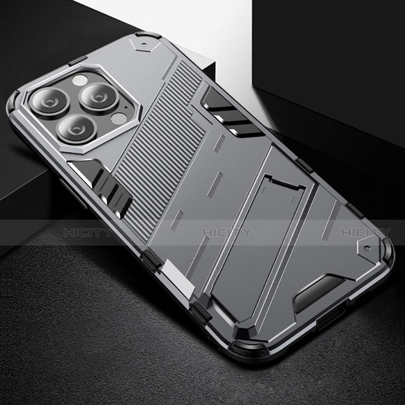 Custodia Silicone e Plastica Opaca Cover con Supporto A05 per Apple iPhone 13 Pro Grigio