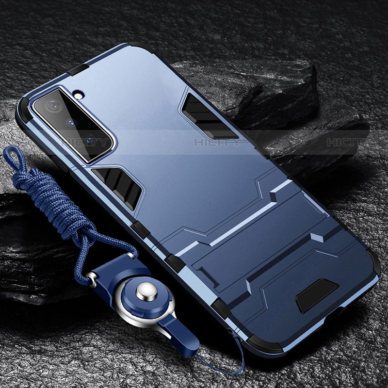 Custodia Silicone e Plastica Opaca Cover con Supporto A05 per Samsung Galaxy S21 FE 5G Blu