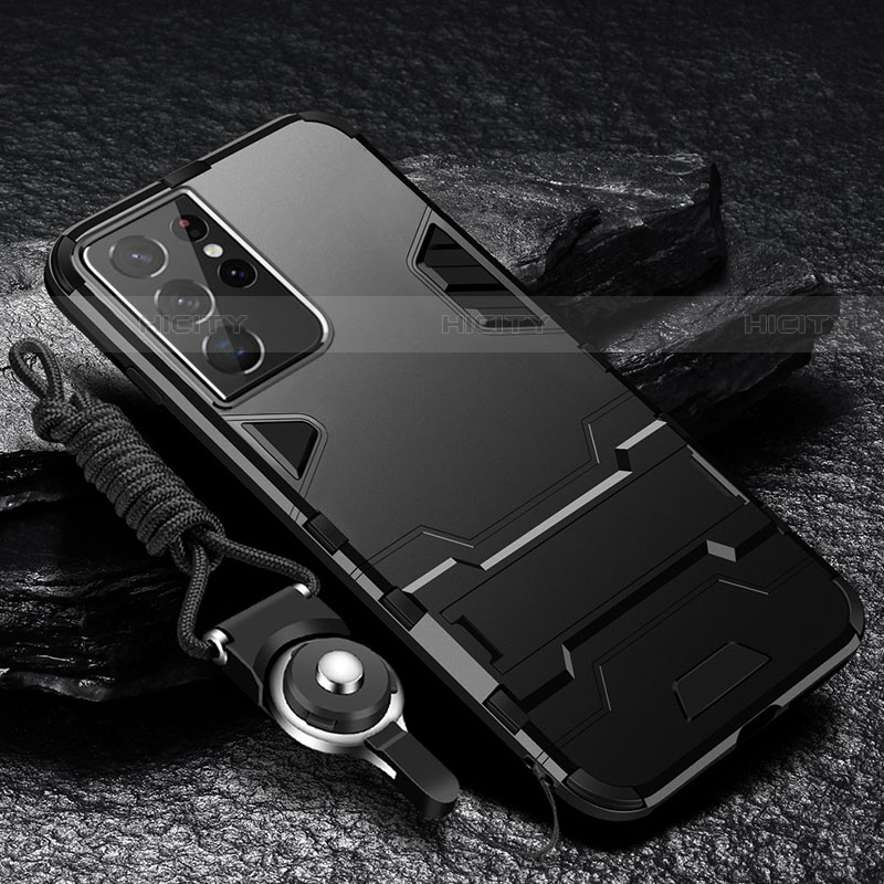 Custodia Silicone e Plastica Opaca Cover con Supporto A05 per Samsung Galaxy S22 Ultra 5G Nero