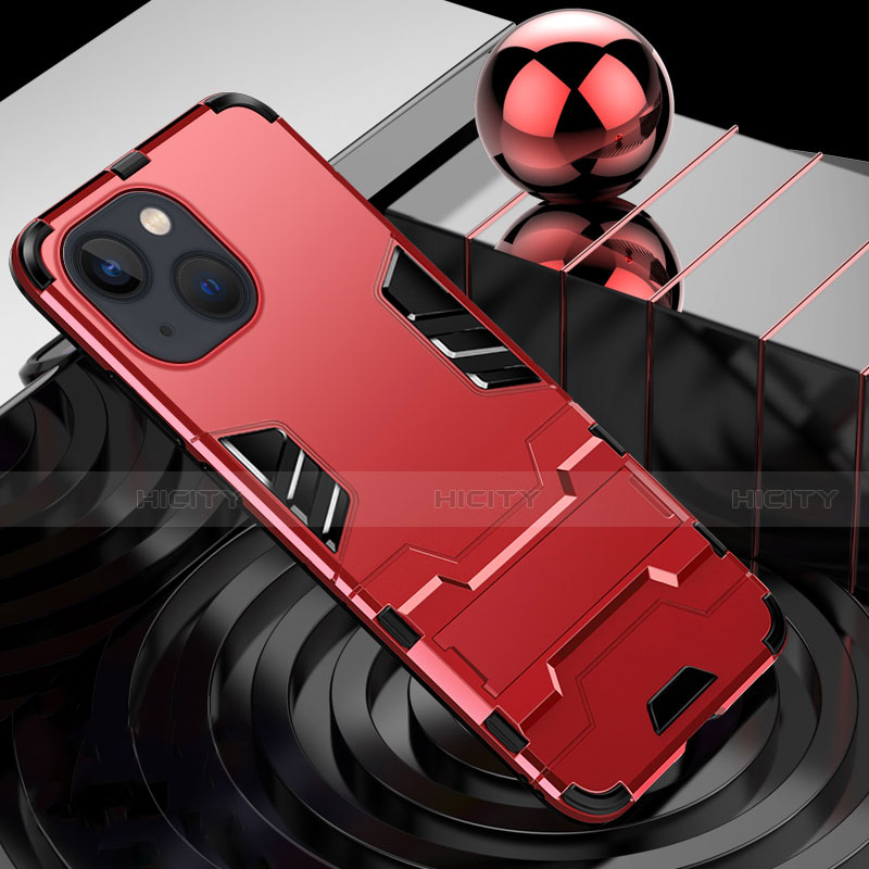 Custodia Silicone e Plastica Opaca Cover con Supporto A06 per Apple iPhone 13 Mini Rosso