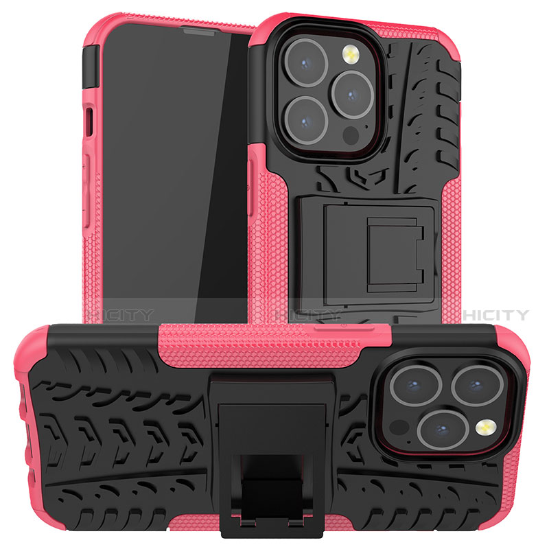 Custodia Silicone e Plastica Opaca Cover con Supporto A07 per Apple iPhone 13 Pro Max Rosa Caldo