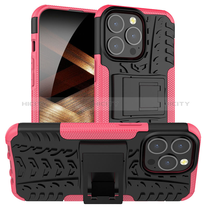 Custodia Silicone e Plastica Opaca Cover con Supporto A07 per Apple iPhone 14 Pro Max Rosa Caldo