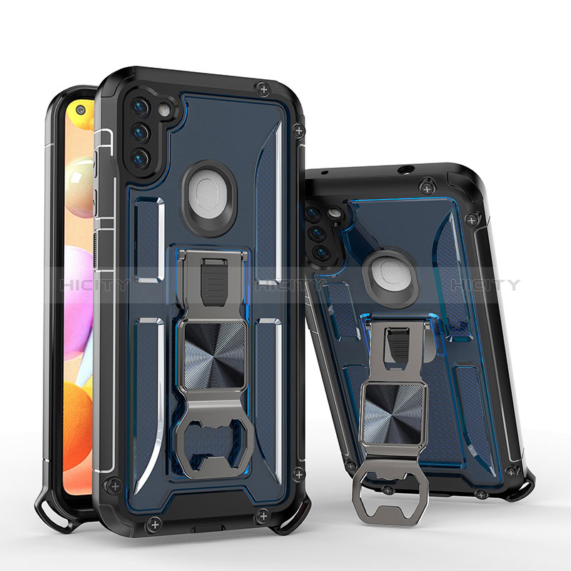 Custodia Silicone e Plastica Opaca Cover con Supporto H01 per Samsung Galaxy A11 Blu