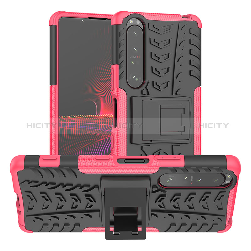 Custodia Silicone e Plastica Opaca Cover con Supporto JX2 per Sony Xperia 1 III Rosa Caldo