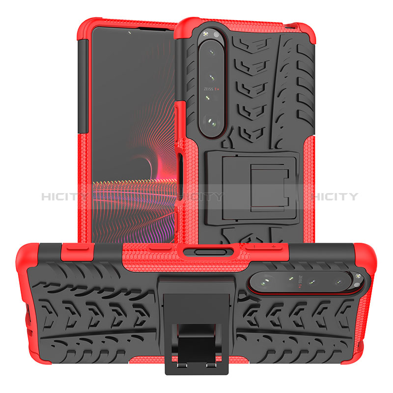 Custodia Silicone e Plastica Opaca Cover con Supporto JX2 per Sony Xperia 1 III Rosso