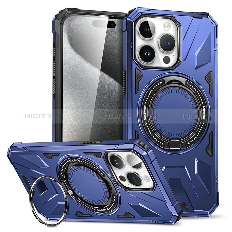 Custodia Silicone e Plastica Opaca Cover con Supporto K02C per Apple iPhone 15 Pro Blu