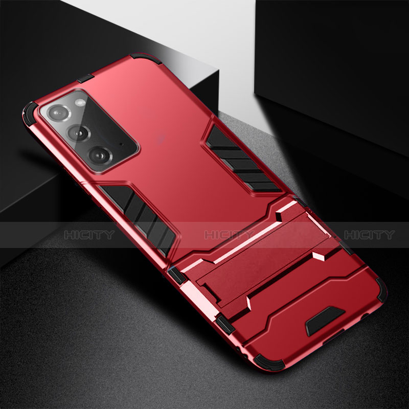 Custodia Silicone e Plastica Opaca Cover con Supporto N02 per Samsung Galaxy Note 20 5G Rosso