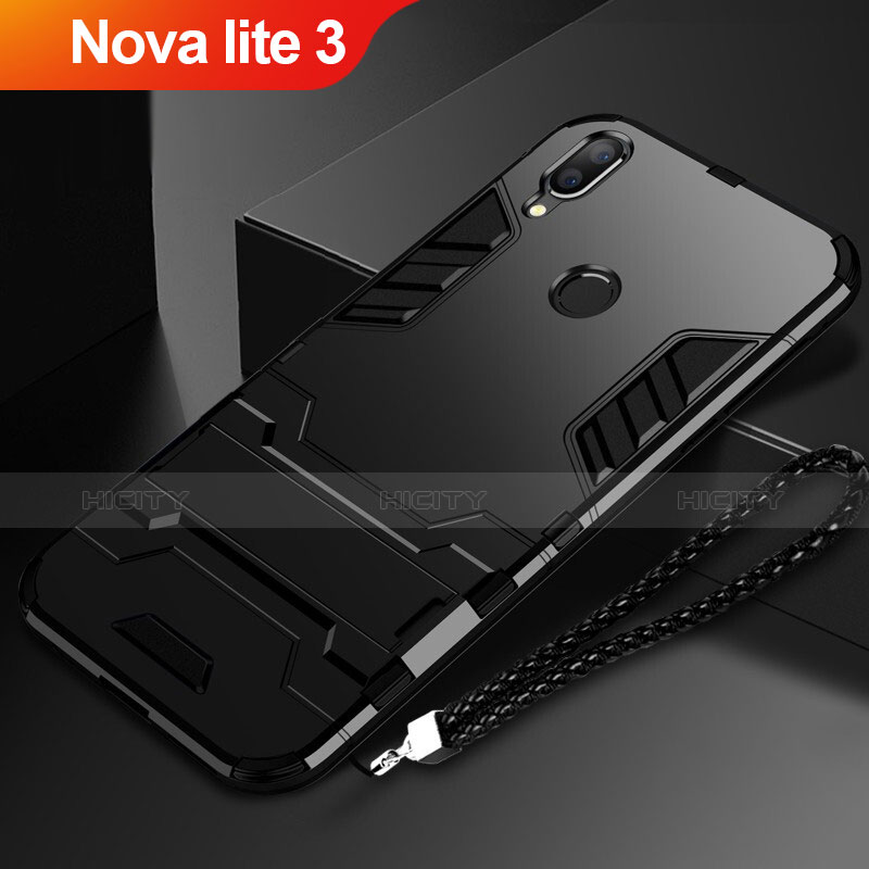 Custodia Silicone e Plastica Opaca Cover con Supporto per Huawei Nova Lite 3 Nero