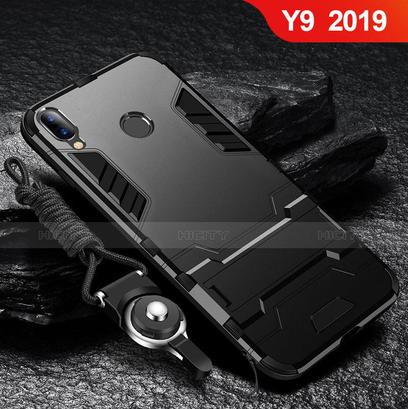 Custodia Silicone e Plastica Opaca Cover con Supporto per Huawei Y9 (2019) Nero