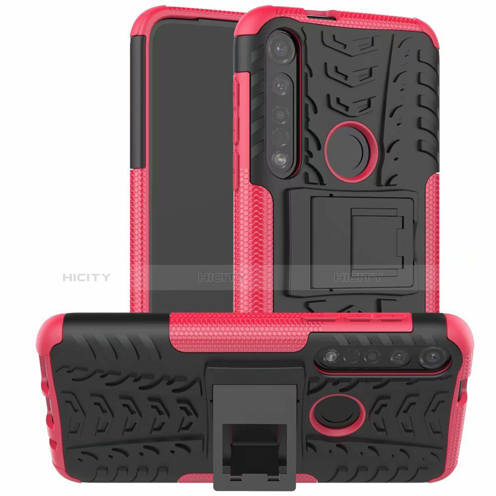 Custodia Silicone e Plastica Opaca Cover con Supporto per Motorola Moto G8 Plus Rosa Caldo