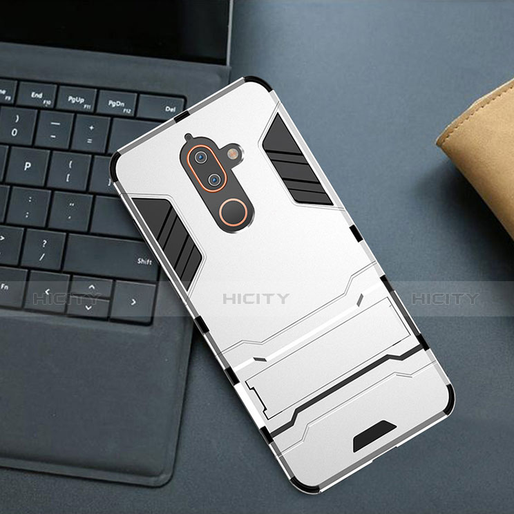 Custodia Silicone e Plastica Opaca Cover con Supporto per Nokia 7 Plus Bianco