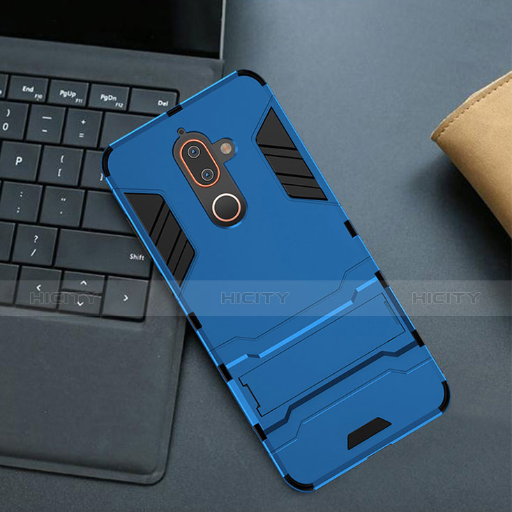 Custodia Silicone e Plastica Opaca Cover con Supporto per Nokia 7 Plus Blu