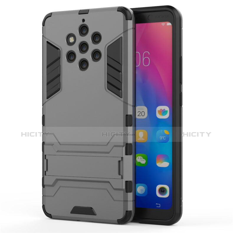 Custodia Silicone e Plastica Opaca Cover con Supporto per Nokia 9 PureView Grigio