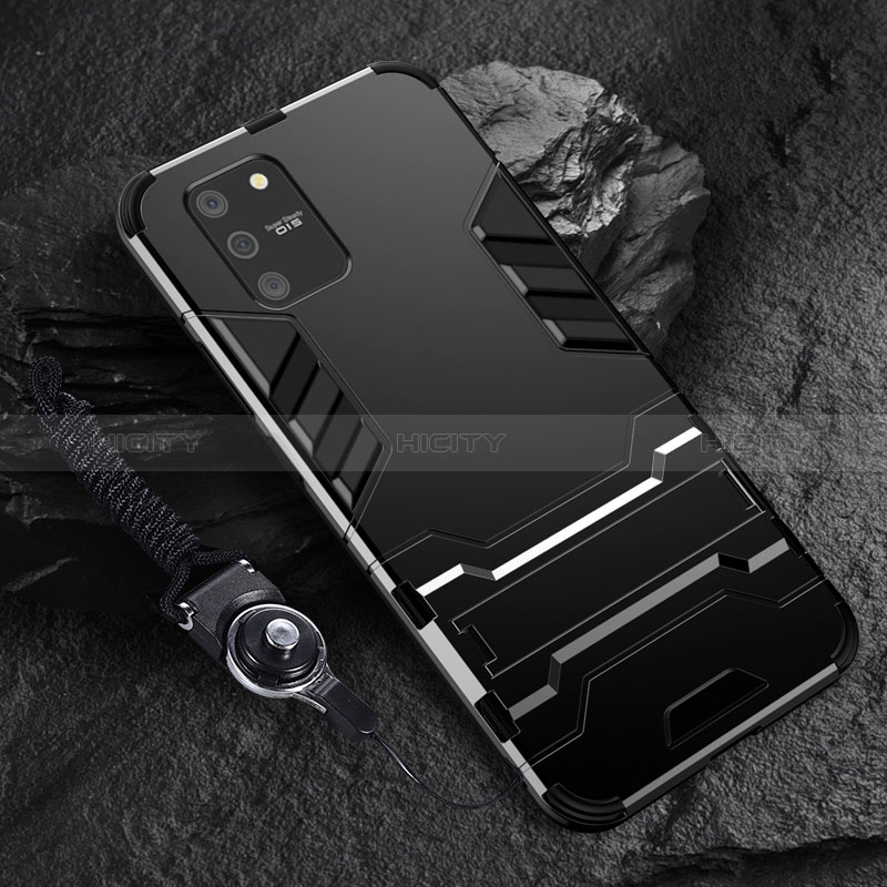 Custodia Silicone e Plastica Opaca Cover con Supporto per Samsung Galaxy A91 Nero