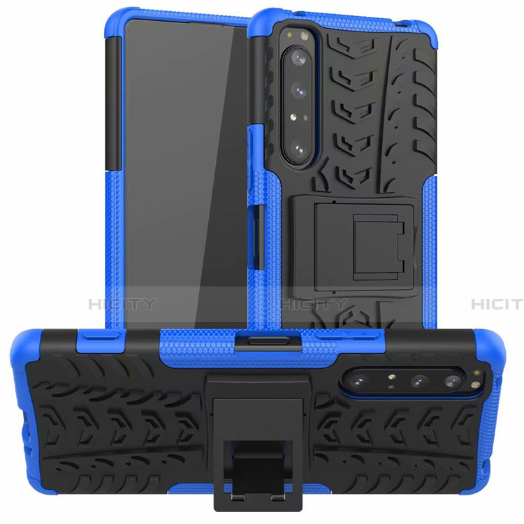 Custodia Silicone e Plastica Opaca Cover con Supporto per Sony Xperia 1 II Blu