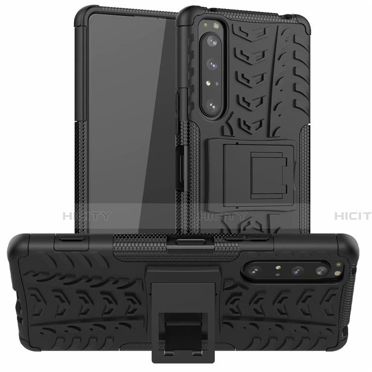 Custodia Silicone e Plastica Opaca Cover con Supporto per Sony Xperia 1 II Nero