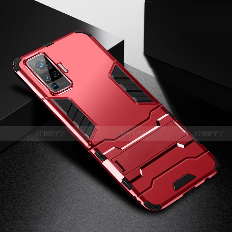 Custodia Silicone e Plastica Opaca Cover con Supporto per Vivo X50 Pro 5G Rosso