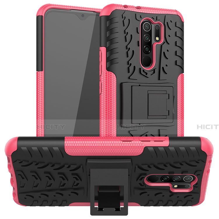 Custodia Silicone e Plastica Opaca Cover con Supporto per Xiaomi Redmi 9 Prime India Rosa