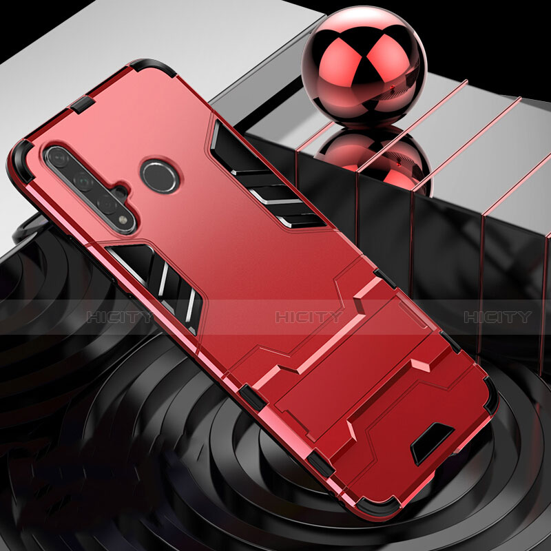 Custodia Silicone e Plastica Opaca Cover con Supporto R01 per Huawei Nova 5i Rosso