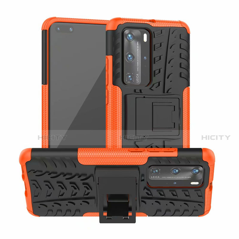 Custodia Silicone e Plastica Opaca Cover con Supporto R01 per Huawei P40 Pro Arancione
