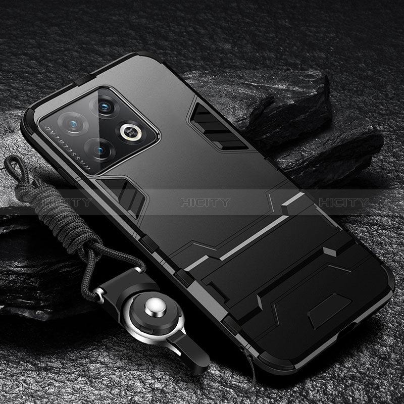 Custodia Silicone e Plastica Opaca Cover con Supporto R01 per OnePlus 10 Pro 5G Nero
