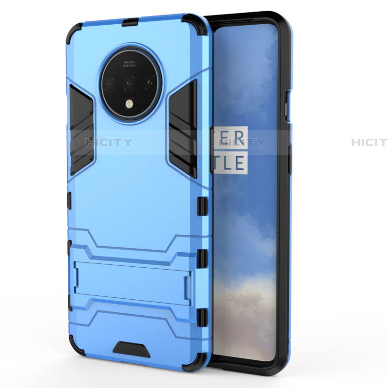 Custodia Silicone e Plastica Opaca Cover con Supporto R01 per OnePlus 7T Cielo Blu