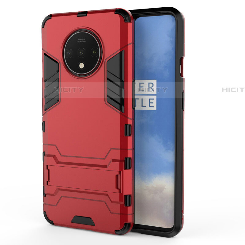 Custodia Silicone e Plastica Opaca Cover con Supporto R01 per OnePlus 7T Rosso