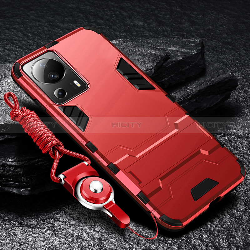 Custodia Silicone e Plastica Opaca Cover con Supporto R01 per Xiaomi Mi 13 Lite 5G Rosso