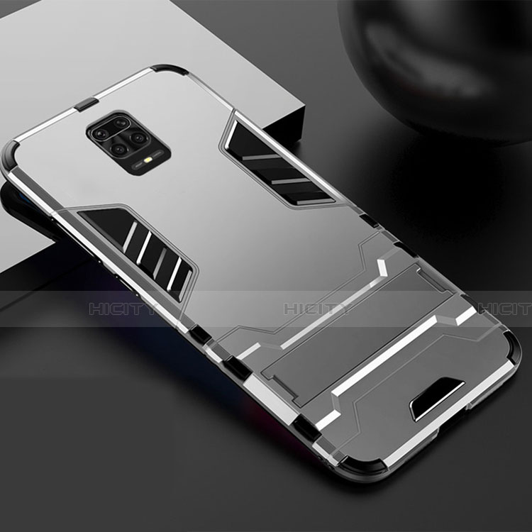 Custodia Silicone e Plastica Opaca Cover con Supporto R01 per Xiaomi Redmi Note 9 Pro Argento