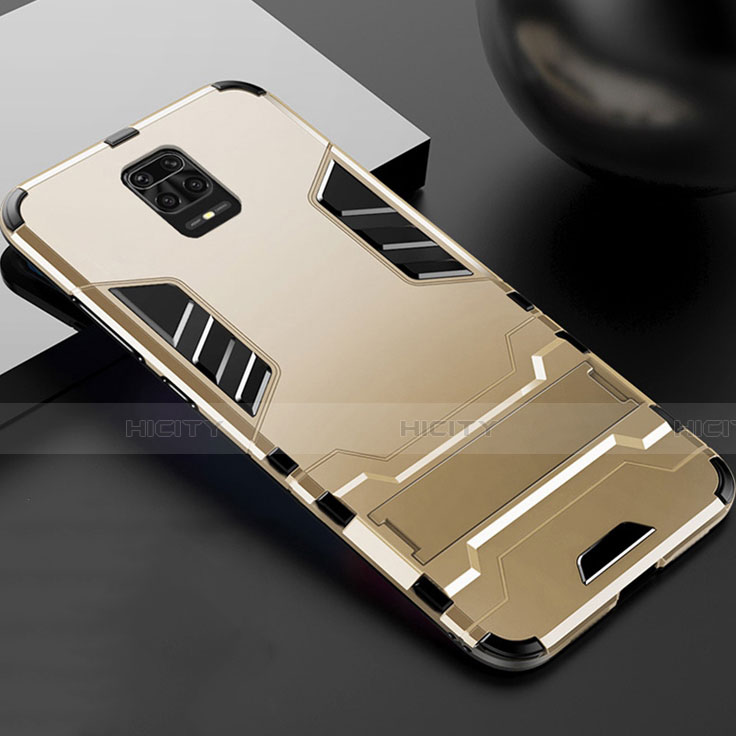 Custodia Silicone e Plastica Opaca Cover con Supporto R01 per Xiaomi Redmi Note 9 Pro Oro