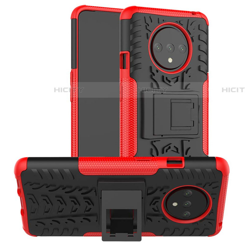 Custodia Silicone e Plastica Opaca Cover con Supporto R02 per OnePlus 7T Rosso