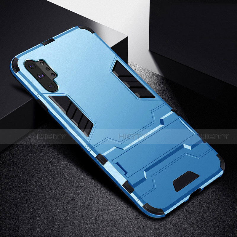 Custodia Silicone e Plastica Opaca Cover con Supporto R02 per Samsung Galaxy Note 10 Plus 5G Cielo Blu