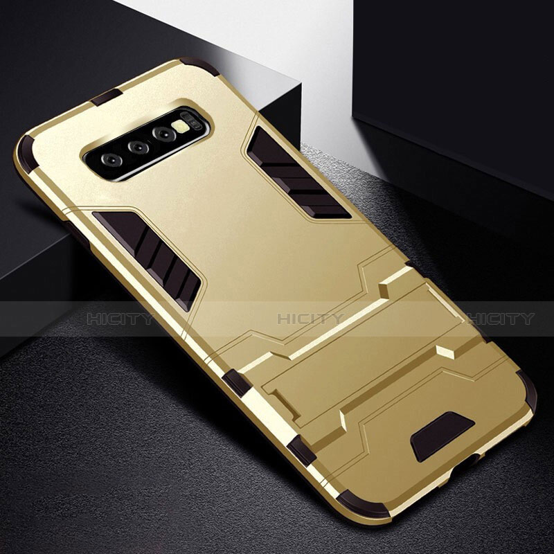 Custodia Silicone e Plastica Opaca Cover con Supporto R02 per Samsung Galaxy S10 Plus Oro