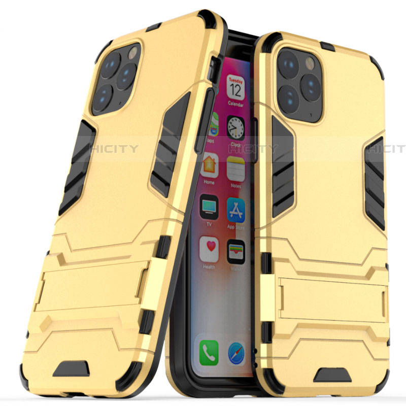Custodia Silicone e Plastica Opaca Cover con Supporto R03 per Apple iPhone 11 Pro Max Oro